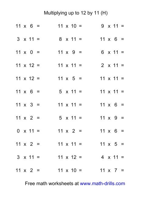 The 36 Horizontal Multiplication Facts Questions -- 11 by 0-12 (H) Math Worksheet