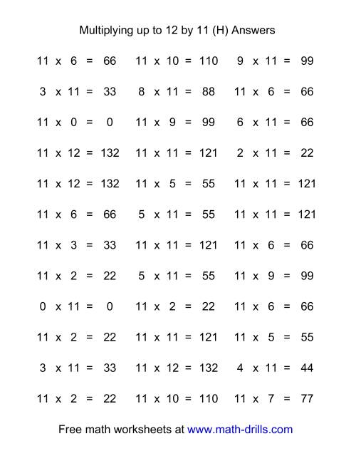 The 36 Horizontal Multiplication Facts Questions -- 11 by 0-12 (H) Math Worksheet Page 2