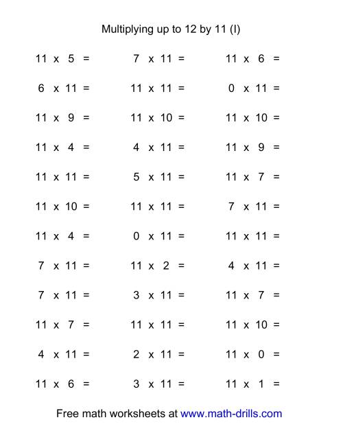 The 36 Horizontal Multiplication Facts Questions -- 11 by 0-12 (I) Math Worksheet