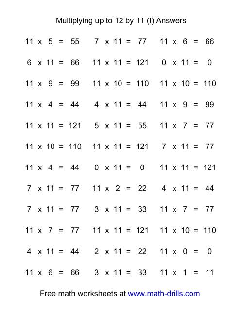 The 36 Horizontal Multiplication Facts Questions -- 11 by 0-12 (I) Math Worksheet Page 2