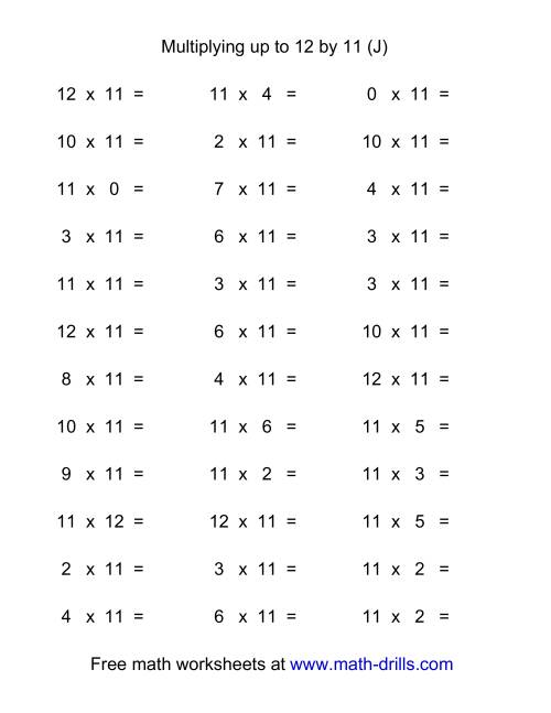 The 36 Horizontal Multiplication Facts Questions -- 11 by 0-12 (J) Math Worksheet