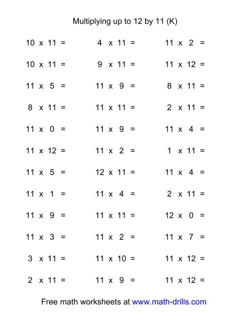 The 36 Horizontal Multiplication Facts Questions -- 11 by 0-12 (K) Math Worksheet