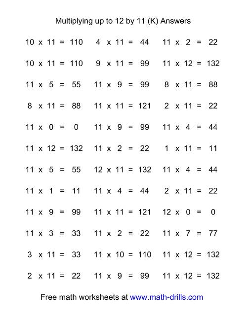 The 36 Horizontal Multiplication Facts Questions -- 11 by 0-12 (K) Math Worksheet Page 2