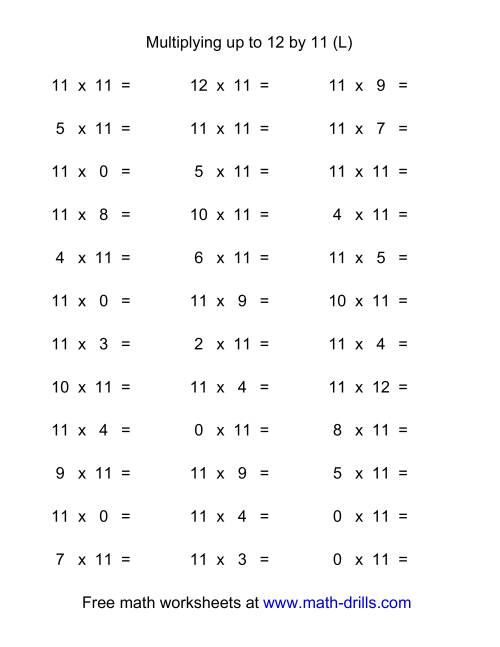 The 36 Horizontal Multiplication Facts Questions -- 11 by 0-12 (L) Math Worksheet