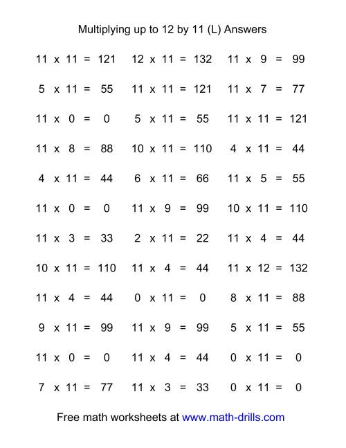 The 36 Horizontal Multiplication Facts Questions -- 11 by 0-12 (L) Math Worksheet Page 2