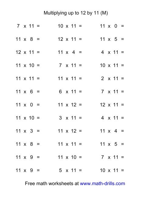 The 36 Horizontal Multiplication Facts Questions -- 11 by 0-12 (M) Math Worksheet