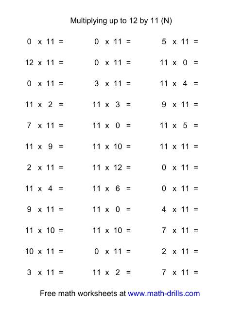 The 36 Horizontal Multiplication Facts Questions -- 11 by 0-12 (N) Math Worksheet