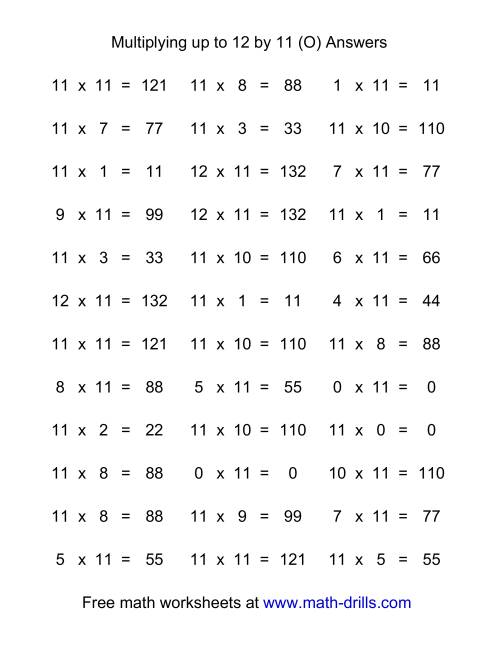 The 36 Horizontal Multiplication Facts Questions -- 11 by 0-12 (O) Math Worksheet Page 2