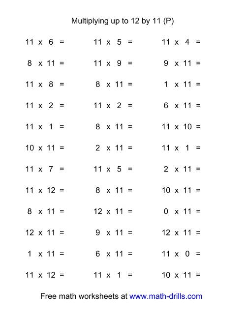 The 36 Horizontal Multiplication Facts Questions -- 11 by 0-12 (P) Math Worksheet
