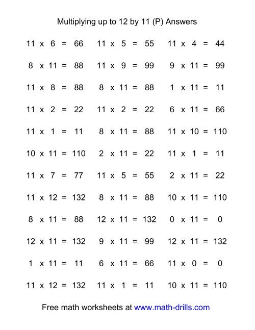 The 36 Horizontal Multiplication Facts Questions -- 11 by 0-12 (P) Math Worksheet Page 2