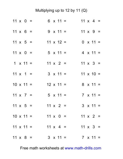 The 36 Horizontal Multiplication Facts Questions -- 11 by 0-12 (Q) Math Worksheet