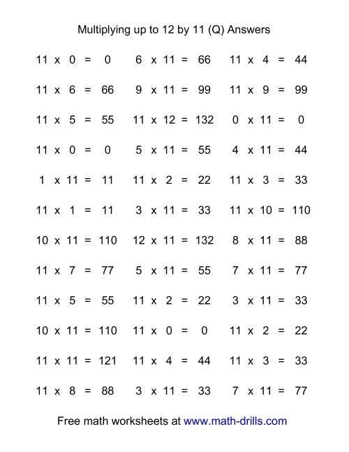 The 36 Horizontal Multiplication Facts Questions -- 11 by 0-12 (Q) Math Worksheet Page 2