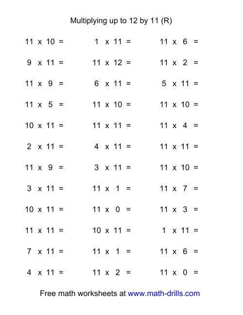The 36 Horizontal Multiplication Facts Questions -- 11 by 0-12 (R) Math Worksheet