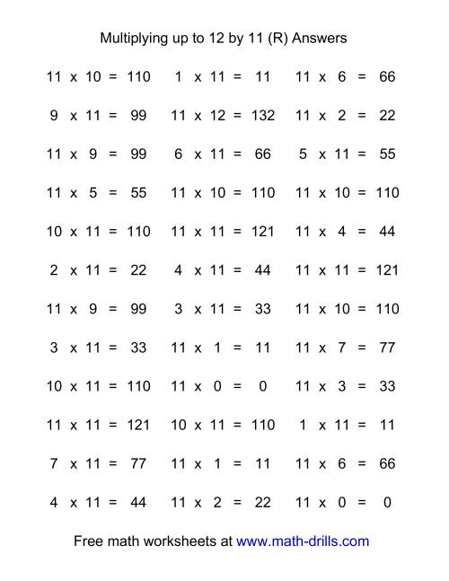 The 36 Horizontal Multiplication Facts Questions -- 11 by 0-12 (R) Math Worksheet Page 2