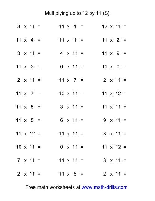 The 36 Horizontal Multiplication Facts Questions -- 11 by 0-12 (S) Math Worksheet