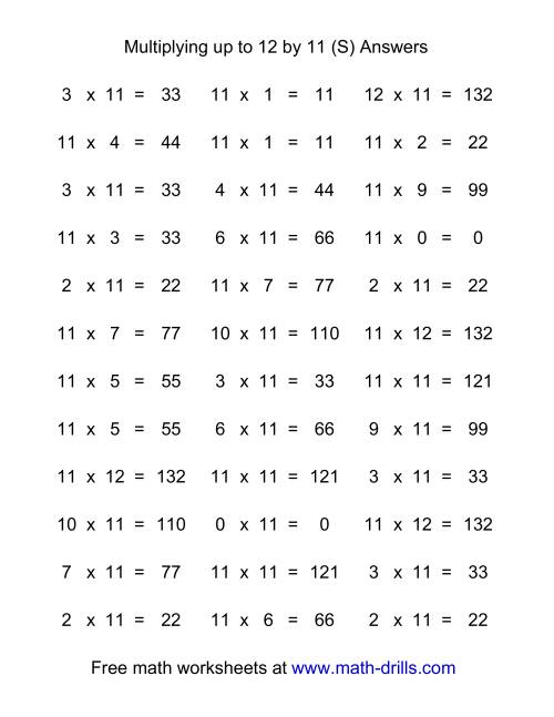 The 36 Horizontal Multiplication Facts Questions -- 11 by 0-12 (S) Math Worksheet Page 2