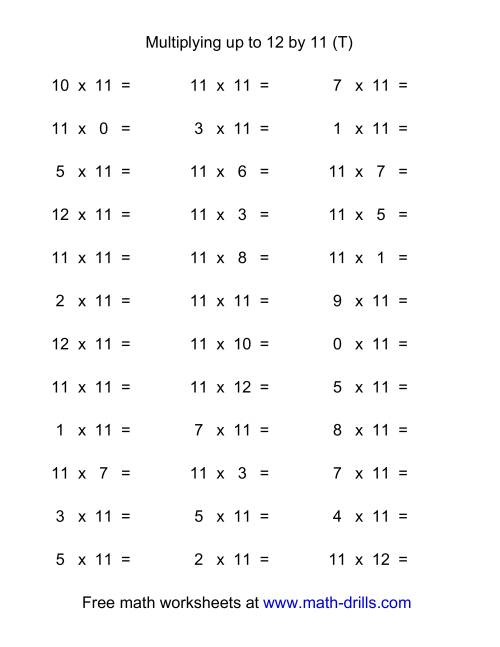 The 36 Horizontal Multiplication Facts Questions -- 11 by 0-12 (T) Math Worksheet