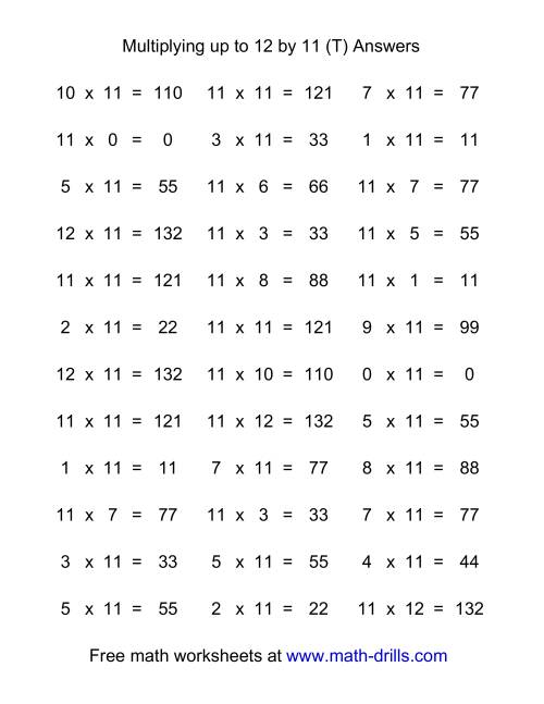 The 36 Horizontal Multiplication Facts Questions -- 11 by 0-12 (T) Math Worksheet Page 2