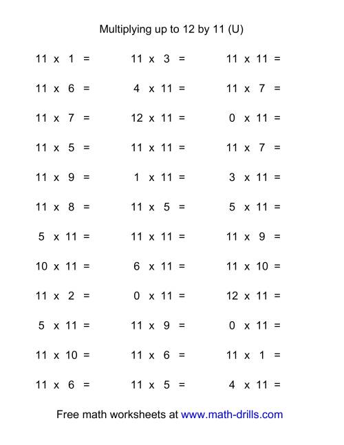 The 36 Horizontal Multiplication Facts Questions -- 11 by 0-12 (U) Math Worksheet