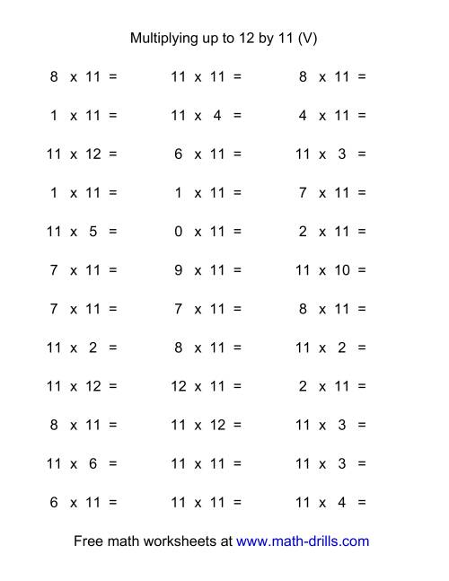 The 36 Horizontal Multiplication Facts Questions -- 11 by 0-12 (V) Math Worksheet