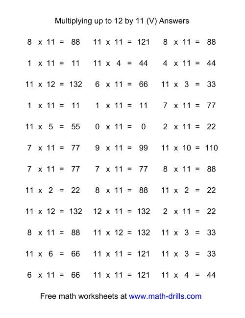 The 36 Horizontal Multiplication Facts Questions -- 11 by 0-12 (V) Math Worksheet Page 2
