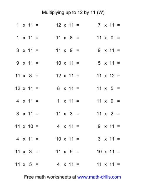 The 36 Horizontal Multiplication Facts Questions -- 11 by 0-12 (W) Math Worksheet