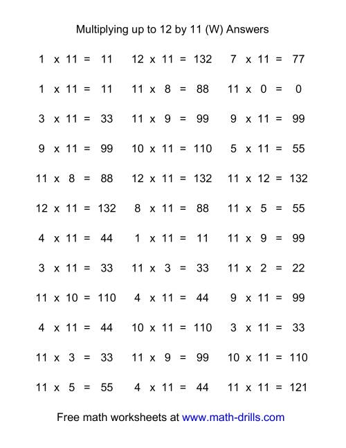 The 36 Horizontal Multiplication Facts Questions -- 11 by 0-12 (W) Math Worksheet Page 2