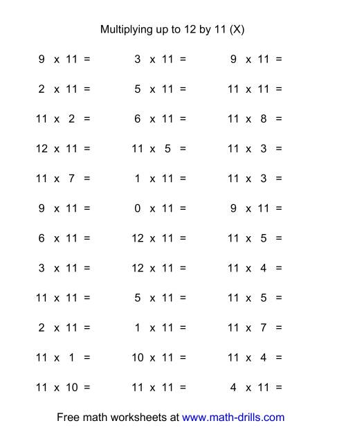 The 36 Horizontal Multiplication Facts Questions -- 11 by 0-12 (X) Math Worksheet
