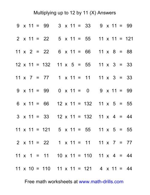 The 36 Horizontal Multiplication Facts Questions -- 11 by 0-12 (X) Math Worksheet Page 2