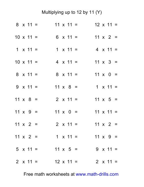 The 36 Horizontal Multiplication Facts Questions -- 11 by 0-12 (Y) Math Worksheet