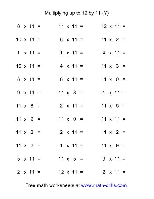 36 Horizontal Multiplication Facts Questions -- 11 by 0-12 (Y)