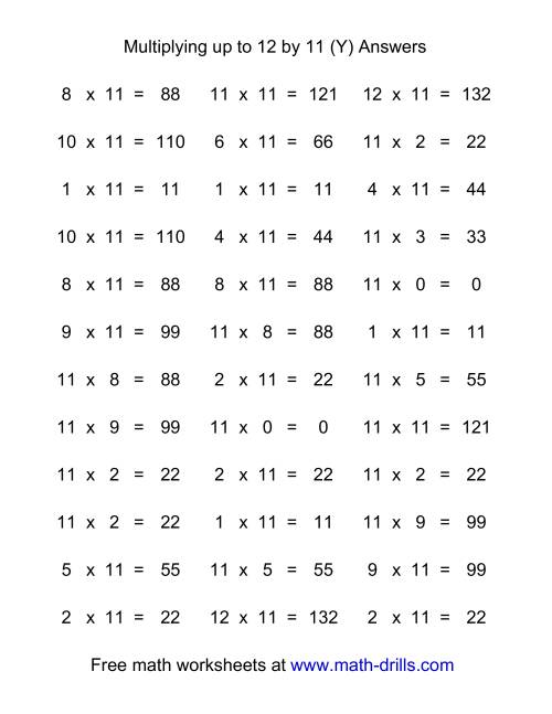 The 36 Horizontal Multiplication Facts Questions -- 11 by 0-12 (Y) Math Worksheet Page 2
