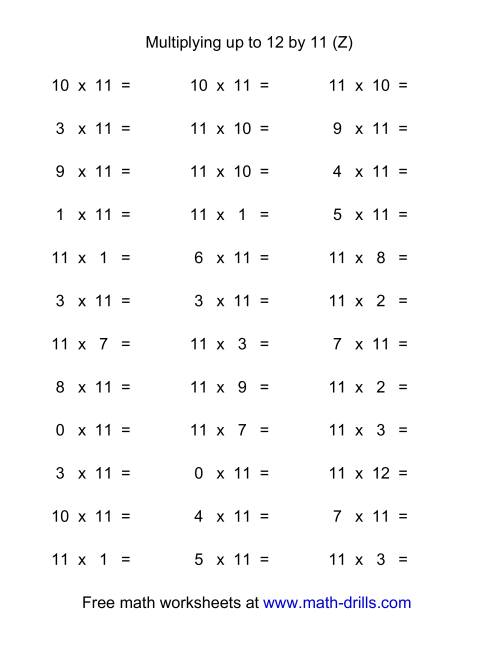 The 36 Horizontal Multiplication Facts Questions -- 11 by 0-12 (Z) Math Worksheet