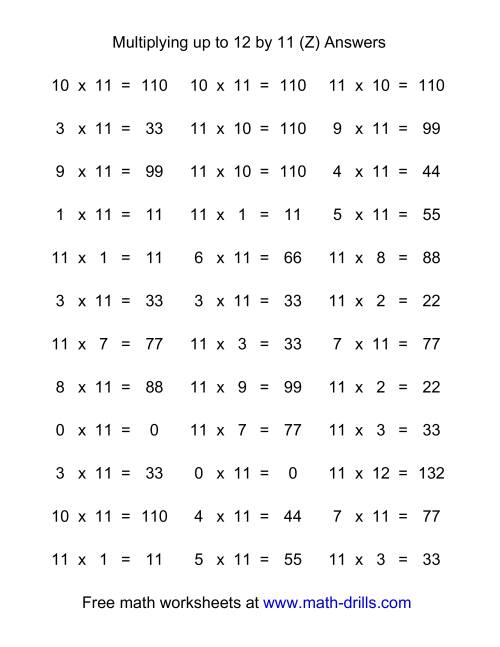 The 36 Horizontal Multiplication Facts Questions -- 11 by 0-12 (Z) Math Worksheet Page 2