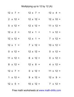 36 Horizontal Multiplication Facts Questions -- 12 by 0-12