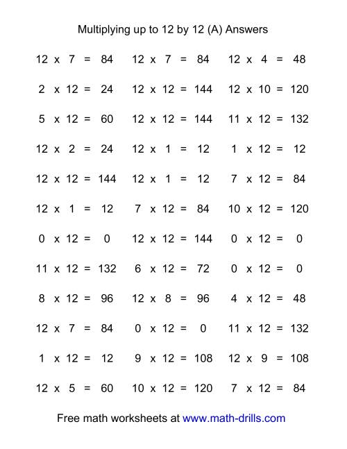 36 horizontal multiplication facts questions 12 by 0 12 a