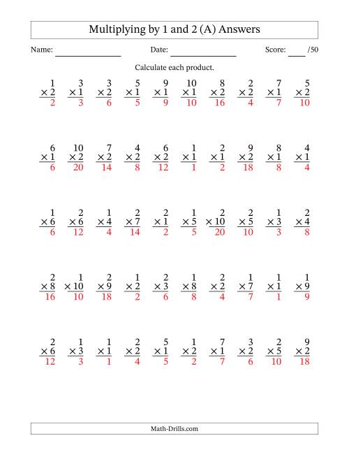 The Multiplying (1 to 10) by 1 and 2 (50 Questions) (A) Math Worksheet Page 2