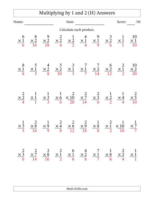 The Multiplying (1 to 10) by 1 and 2 (50 Questions) (H) Math Worksheet Page 2