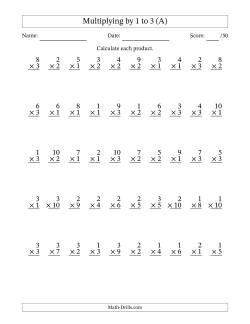 Multiplying (1 to 10) by 1 to 3 (50 Questions)