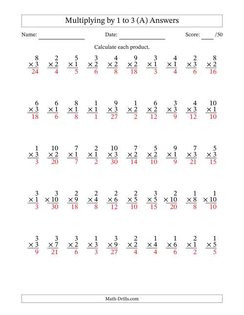 The Multiplying (1 to 10) by 1 to 3 (50 Questions) (A) Math Worksheet Page 2