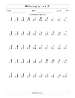 Multiplying (1 to 10) by 1 to 4 (50 Questions)