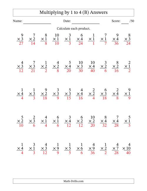 The Multiplying (1 to 10) by 1 to 4 (50 Questions) (B) Math Worksheet Page 2