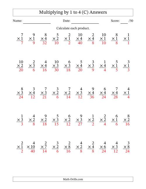 The Multiplying (1 to 10) by 1 to 4 (50 Questions) (C) Math Worksheet Page 2