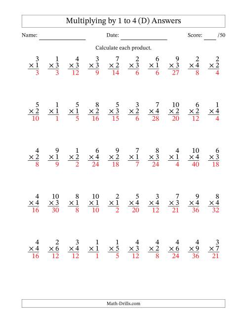 The Multiplying (1 to 10) by 1 to 4 (50 Questions) (D) Math Worksheet Page 2