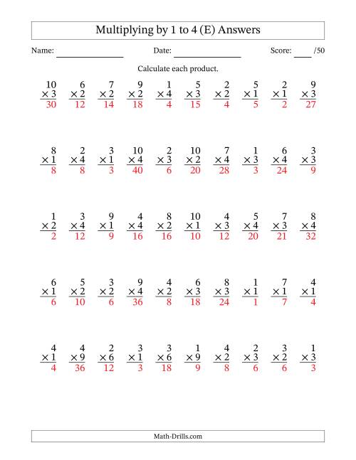 The Multiplying (1 to 10) by 1 to 4 (50 Questions) (E) Math Worksheet Page 2