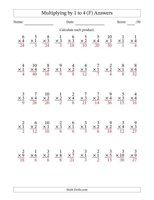 The Multiplying (1 to 10) by 1 to 4 (50 Questions) (F) Math Worksheet Page 2