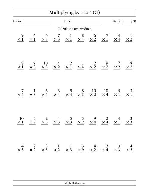 The Multiplying (1 to 10) by 1 to 4 (50 Questions) (G) Math Worksheet
