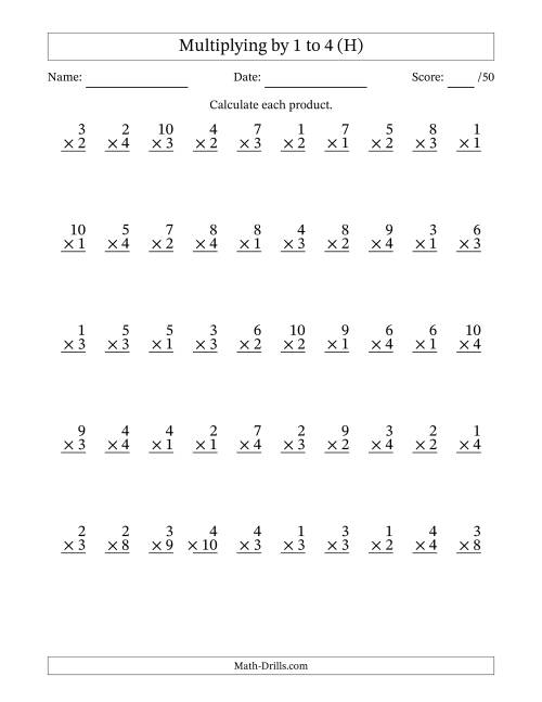 The Multiplying (1 to 10) by 1 to 4 (50 Questions) (H) Math Worksheet