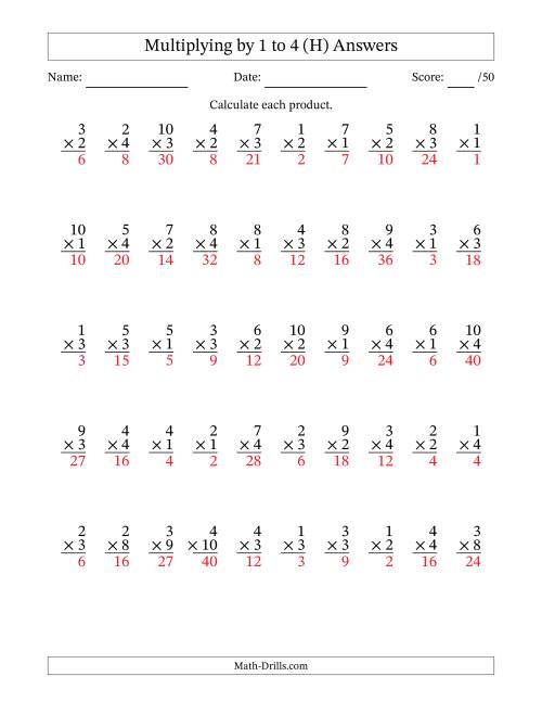 The Multiplying (1 to 10) by 1 to 4 (50 Questions) (H) Math Worksheet Page 2