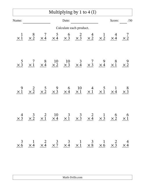 The Multiplying (1 to 10) by 1 to 4 (50 Questions) (I) Math Worksheet